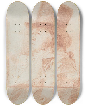 Triptych art skateboard deck of Francisco De Goya Selfportrait Goya Wearing A Top Hat Facing Left Within A Drawn Frame by Francisco de Goya (1746-1828)