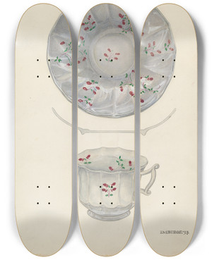 Triptych art skateboard deck of Irene M Burge Cup And Saucer by Irene M Burge
