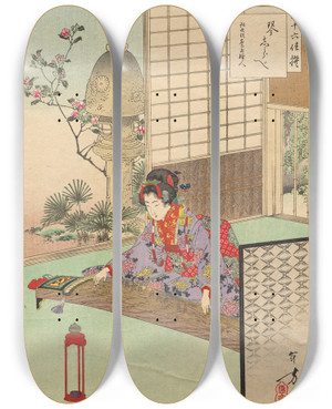 Triptych art skateboard deck of Toshikata Mizuno Playing The Koyo A Lady From Nagoya Of The Koka Era 184448 From The Series Thirtysix Elegant Selections by Toshikata Mizuno (1866-1908)