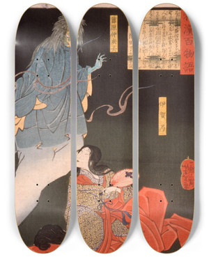 Triptych art skateboard deck of Tsukioka Yoshitoshi Iga No Tsubone With Tengu The Spirit Of Fujiwara No Nakanari by Tsukioka Yoshitoshi (1839-1892)