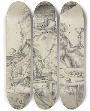 Triptych art skateboard deck of Urs Graf Swiss Mercenary With A Prostitute by Urs Graf (1485-1527)