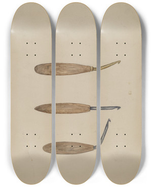 Triptych art skateboard deck of Mary Fitzgerald Rug Hooks by Mary Fitzgerald