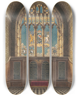 Triptych art skateboard deck of Daniel Lysons The Chancel Window Of Hanworth Church by Daniel Lysons (1762-1834)