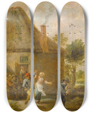 Triptych art skateboard deck of David Teniers The Younger Peasants Dancing In Front Of An Inn by David Teniers The Younger (1610-1690)