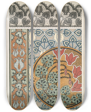 Triptych art skateboard deck of Maurice Pillard Verneuil Cyclamen 3 by Maurice Pillard Verneuil (1869-1942)