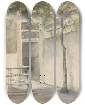 Triptych art skateboard deck of Johan Hendrik Weissenbruch Gezicht Op Een Binnenplaats Vanuit Het Atelier Van De Kunstenaar In De Kazernestraat Te Den Haag_1 by Johan Hendrik Weissenbruch (1824-1903)