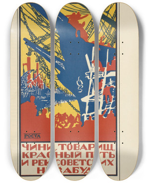 Triptych art skateboard deck of Mikhail Mikhalovich Cheremnykh Russkii Revoliutsionnyi Plakat Pl06 by Mikhail Mikhailovich Cheremnykh (1890-1962)