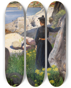 Triptych art skateboard deck of Paul Fischer On The Coast by Paul Fischer (1860-1934)
