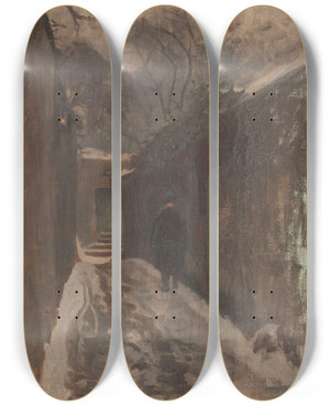 Triptych art skateboard deck of Adolpheernest Gumery La Rue Berton Sous La Neige by Adolphe Ernest Gumery (1861-1943)