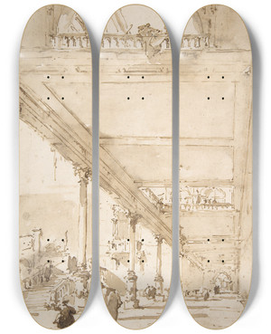 Triptych art skateboard deck of Francesco Guardi Architectural Capriccio A Palace Colonnade by Francesco Guardi (1712-1793)