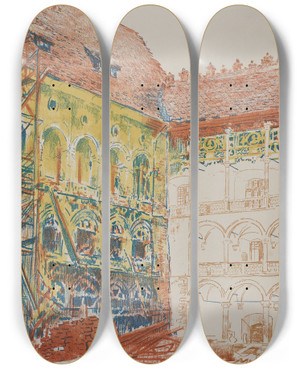 Triptych art skateboard deck of Leon Wyczkowski Castle Courtyard by Leon Wyczolkowski (1852-1936)
