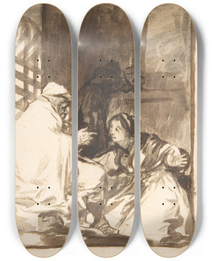 Triptych art skateboard deck of Francisco De Goya A Woman Kneeling Her Arms Wide Before An Old Man by Francisco de Goya (1746-1828)