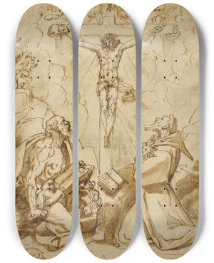 Triptych art skateboard deck of Bartolomeo Passarotti Saints Jerome And Francis Of Assisi Adoring The Trinity by Bartolomeo Passarotti (1529-1592)