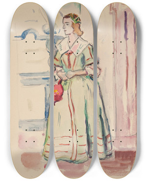 Triptych art skateboard deck of Ivan Ivanec Studium Postaci Modej Kobiety Aktorki W Stroju Historycznym Stojcej W Przedpokoju Sali Stoowej Paacu W Podhorcach by Ivan Ivanec (1893-1946)