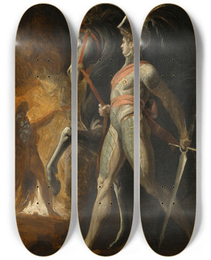 Triptych art skateboard deck of Henry Fuseli The Meeting Of Sir Hon Of Bordeaux And Scherasmin In The Libanon Cave From Wielands Oberon by Henry Fuseli (1741-1825)