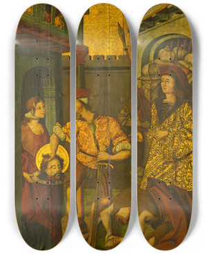 Triptych art skateboard deck of Master Of Palanquinos The Beheading Of Saint John The Baptist by Master Of Palanquinos (1470-1500)
