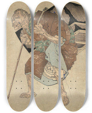 Triptych art skateboard deck of Tsukioka Yoshitoshi Shitakiri Suzume_1 by Tsukioka Yoshitoshi (1839-1892)