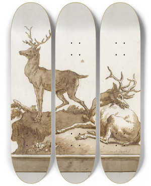 Triptych art skateboard deck of Giovanni Domenico Tiepolo Two Stags One Standing And One Lying On A Grassy Knoll With A Base by Giovanni Domenico Tiepolo (1727-1804)
