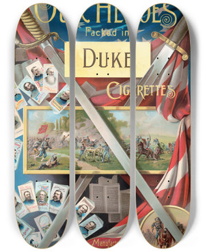Triptych art skateboard deck of Knapp Co Histories Of Our Heroes Packed In Duke Cigarettes by Knapp & Co. (19-)