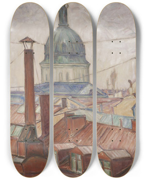 Triptych art skateboard deck of Karl Nordstrm Above The Rooftops Stermalm Stockholm by Karl Nordstrom (1855-1923)