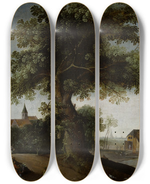 Triptych art skateboard deck of Jacob Grimmer Landscape With Large Tree by Jacob Grimmer (1525-1590)