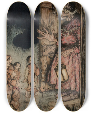 Triptych art skateboard deck of Arthur Rackham Hopomythumb by Arthur Rackham (1867-1939)