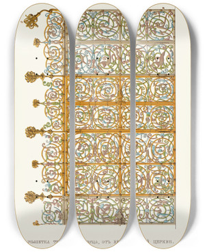 Triptych art skateboard deck of Fedor Grigoryevich Solntsev Reshetka Teremnago Dvortsa Ot Verkhospasskoi Tserkvi by Fedor Grigoryevich Solntsev (1801-1892)