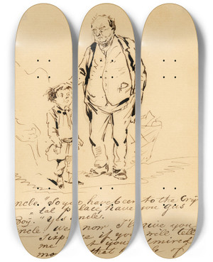 Triptych art skateboard deck of Pieter Van Loon Karikatuur Van Het Crystal Palace by Pieter Van Loon (1801-1873)