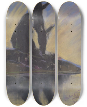 Triptych art skateboard deck of Zolo Palugyay Black Poplar Trees Silhouettes Near The River by Zolo Palugyay (1898-1935)