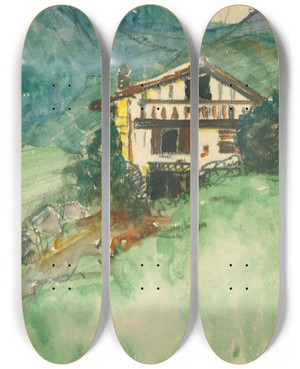 Triptych art skateboard deck of Irene Weir A Basque House Thepyrenees by Irene Weir (1862-1944)