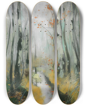 Triptych art skateboard deck of Karl Hagemeister Birken Im Herbst Am Bachlauf by Karl Hagemeister (1848-1933)