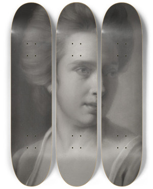 Triptych art skateboard deck of Joseph Wright Of Derby Portrait Of A Woman Her Head Turned To The Right Wearing An Earring by Joseph Wright Of Derby (1734-1797)
