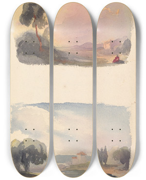 Triptych art skateboard deck of Thomas Sully Landscape With Mountains In Distance And Seated Figures In Foreground Landscape With River And Building Mountains In Distance by Thomas Sully (1783-1872)