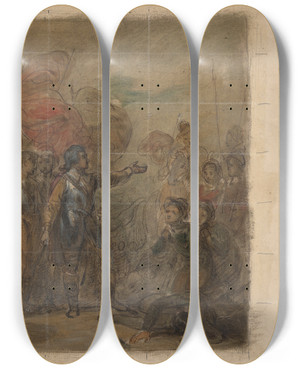 Triptych art skateboard deck of Robert Smirke Scene From Don Quixote by Robert Smirke (1752-1845)