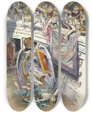 Triptych art skateboard deck of Will Crawford Thumbs Down by Will Crawford (1869-1944)