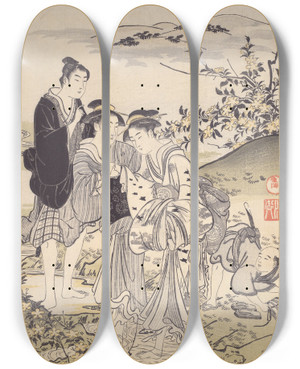 Triptych art skateboard deck of Kubo Shunman Hagitamagawa by Kubo Shunman (1757-1820)