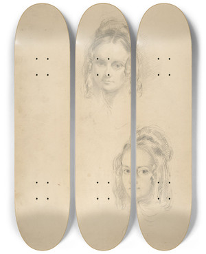 Triptych art skateboard deck of George Richmond Two Portrait Studies Of The Artists Wife And A Study Of A Leg And Torso by George Richmond (1809-1896)