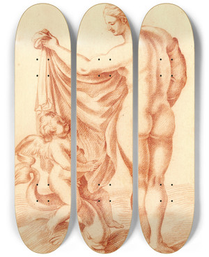 Triptych art skateboard deck of Cornelis Pronk Beeld Van De Geboorte Van Venus by Cornelis Pronk (1691-1759)