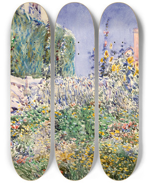 Triptych art skateboard deck of Childe Hassam Thaxters Garden by Childe Hassam (1859-1935)