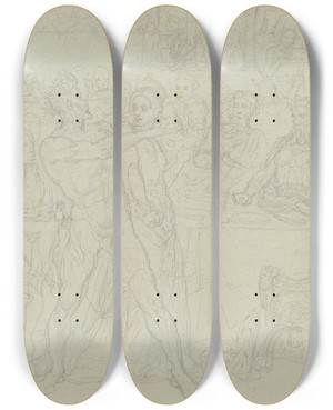 Triptych art skateboard deck of Ferdinand Fellner Macbeth Erblickt Den Geist Banquos by Ferdinand Fellner (1799-1859)