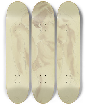 Triptych art skateboard deck of Georg Kolbe Kniender Weiblicher Akt In Vorderansicht Das Rechte Knie Angezogen Den Rechten Arm Sttzend by Georg Kolbe
