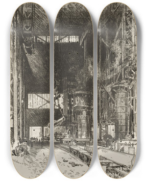 Triptych art skateboard deck of Joseph Pennell The New Gun Pit by Joseph Pennell (1857-1926) Triptych art skateboard deck of Joseph Pennell The New Gun Pit by Joseph Pennell (1857-1926)