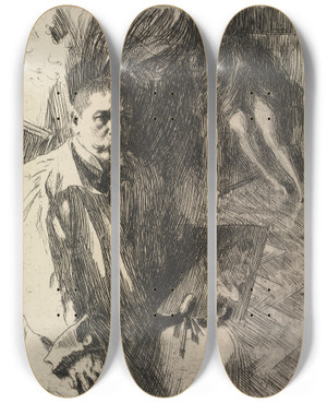 Triptych art skateboard deck of Anders Zorn Portrait Of The Artist And His Model by Anders Zorn (1860-1920)