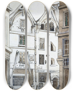 Triptych art skateboard deck of Alfred Bonnardot Rue De Mondtour by Alfred Bonnardot (1808-1884)