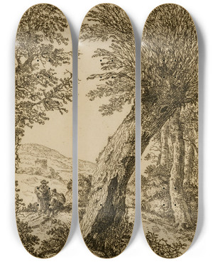 Triptych art skateboard deck of Wilhelm Von Bemmel Landscape With Willow by Wilhelm von Bemmel (1630-1708)