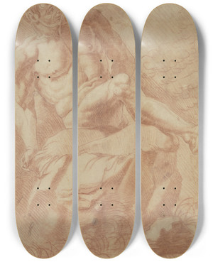 Triptych art skateboard deck of Josef Neher Mnnlicher Akt Auf Einem Felsen Nach Rechts Gewandt by Josef Neher