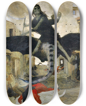 Triptych art skateboard deck of Arnold Bcklin The Plague by Arnold Bocklin (1827-1901)