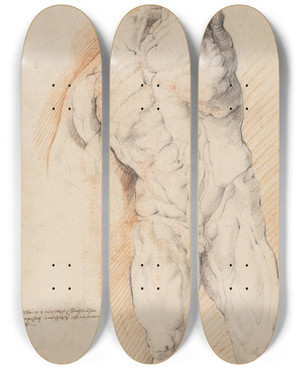 Triptych art skateboard deck of Willem Panneels Anatomical Study Corch Front View Of Standing Flayed Man His Left Arm Raised by Willem Panneels (1600-1634)