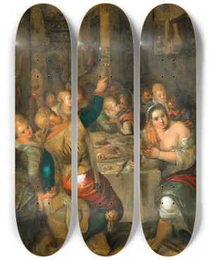 Triptych art skateboard deck of Hieronymus Francken Ii A Banquet Scene by Hieronymus Francken Ii (1578-1623)