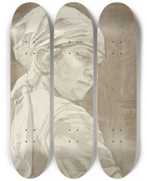 Triptych art skateboard deck of August Alleb Vrouw Met Hoofddoek Naar Rechts Omkijkend by August Allebe (1838-1927)